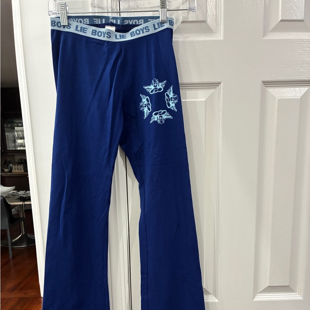 Boys Lie head over heals pant blue cherub graphic flare womens S leggings